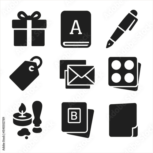 Stationery Gift Icons. Solid, filled icons set of stationery gift sets: ribbon box, monogram pad, luxury pen,