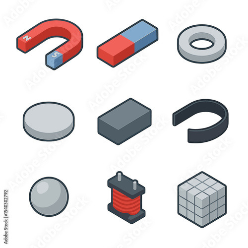 Magnet Types Grid. Isometric Flat icon set of magnet types: horseshoe magnet, bar magnet, ring magnet, neodymium disc, ceramic