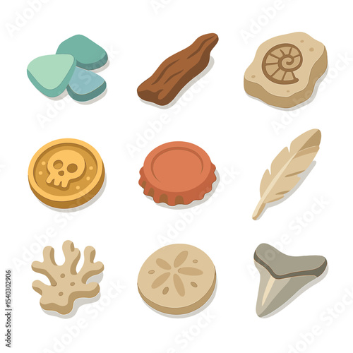 Marine Treasure Icons. Isometric Flat icon set of marine treasure finds: sea glass, driftwood, fossil fragment, pirate coin,