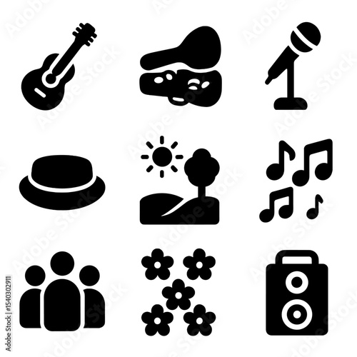 Street Music Icons. Solid, filled icons set of street music in May: acoustic guitar, open case with coins,