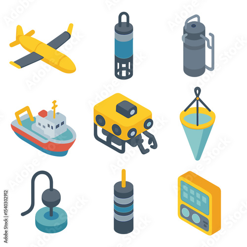 Marine Research Icons. Isometric Flat icon set of marine research and instrumentation: underwater glider, CTD probe, sampling