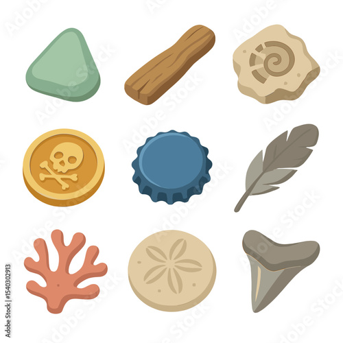 Marine Treasure Icons. Isometric Flat icon set of marine treasure finds: sea glass, driftwood, fossil fragment, pirate coin,