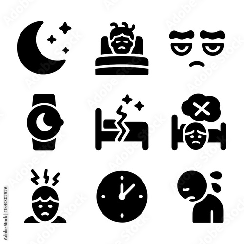 Stress and Sleep Icons. Solid, filled icons set of stress and sleep disruption: insomnia moon, tossing icon,