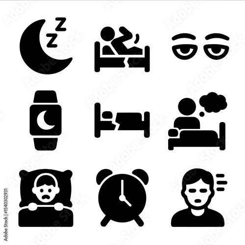 Stress and Sleep Icons. Solid, filled icons set of stress and sleep disruption: insomnia moon, tossing icon,