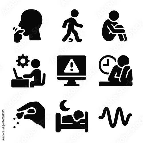 Stress Behavior Icons. Solid, filled icons set of behavioral signs of stress: nail biting, pacing steps,
