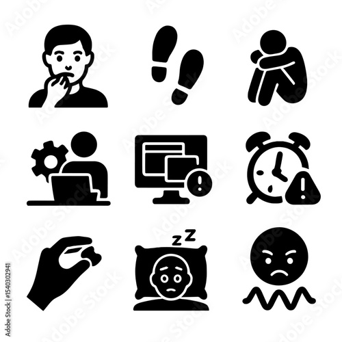 Stress Behavior Icons. Solid, filled icons set of behavioral signs of stress: nail biting, pacing steps,