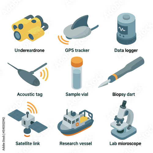 Marine Research Tools. Isometric Flat icon set of shark and ray research tools: underwater drone, GPS tracker, data logger,