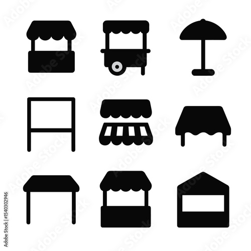 Street Market Icons. Solid, filled icons set of public market and street canopy setups: vendor stall, food