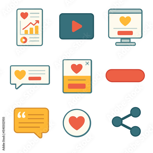 Isometric Marketing Icon Set. Isometric Flat icon set of cause marketing digital assets: branded infographic, video play button,