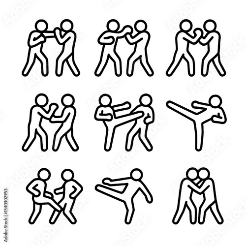 Martial Arts Icons. Outline icon set of sparring actions: jab, cross, hook, uppercut, roundhouse kick, side kick, low kick, sweep