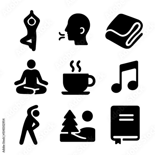 Stress-Relief Icons. Solid, filled icons set of stress-reducing daily routines: yoga pose, breath icon, cozy