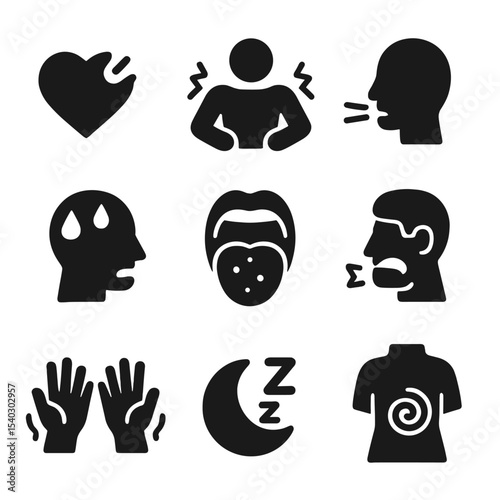 Stress Reaction Icons. Solid, filled icons set of physical reactions to stress: increased heart rate, tense