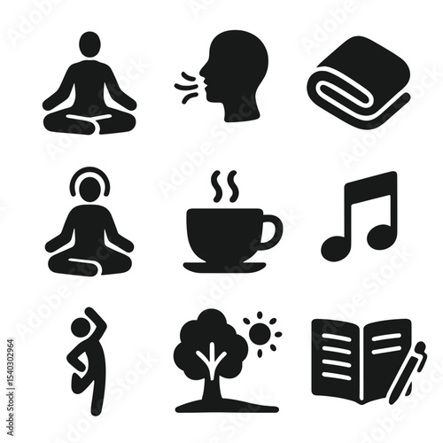Stress-Relief Icons. Solid, filled icons set of stress-reducing daily routines: yoga pose, breath icon, cozy