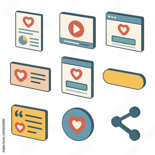 Isometric Marketing Icon Set. Isometric Flat icon set of cause marketing digital assets: branded infographic, video play button,
