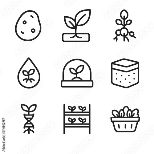 Martian Crop Icons. Outline icon set of genetically modified Martian crops: potato tuber, hydroponic leaf, root nodule, nutrient