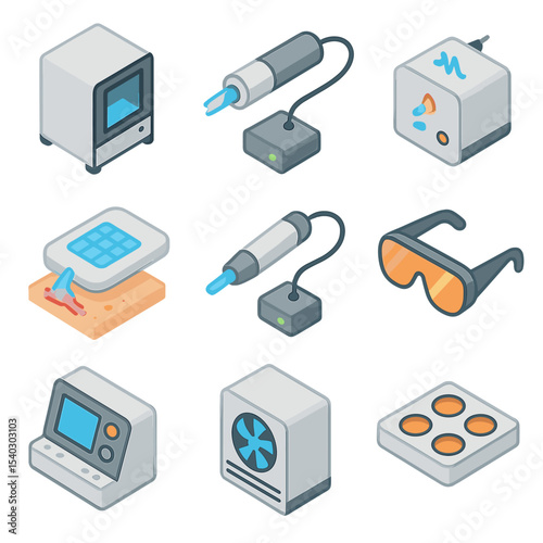 Medical Plasma Icons. Isometric Flat icon set of medical plasma applications: plasma sterilizer, cold plasma jet, oxygen plasma