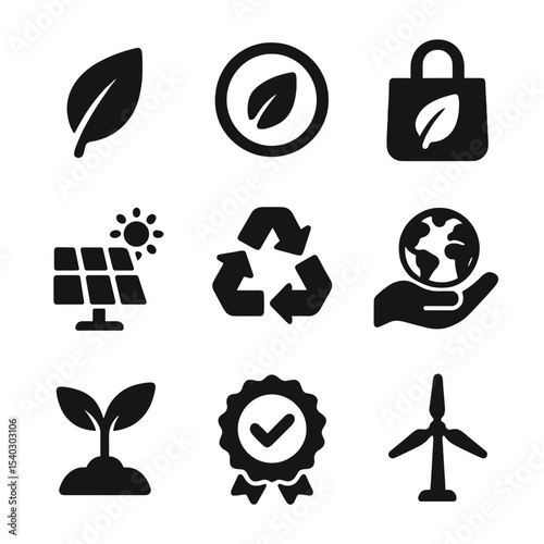 Sustainable Business Icons. Solid, filled icons set of sustainable business practices: green leaf, eco icon,