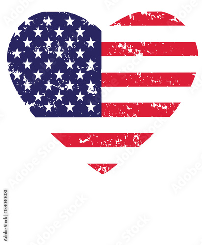 American flag heart shape with grunge texture isolated on transparent