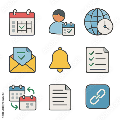 Meeting Icons Set. Isometric Flat icon set of meeting scheduling and invites: calendar icon, scheduling assistant, time zone globe