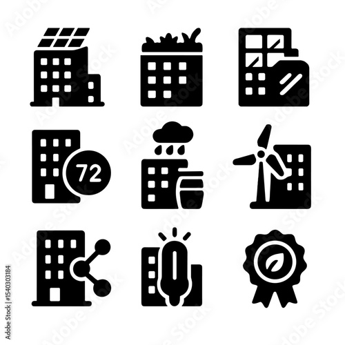 Sustainable Building Icons. Solid, filled icons set of sustainable high-rise buildings: rooftop solar panels,