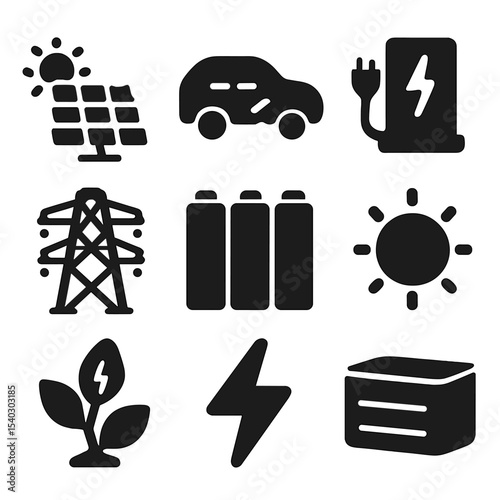Sustainable Energy Icons. Solid, filled icons set of sustainable energy solutions: solar battery, electric car