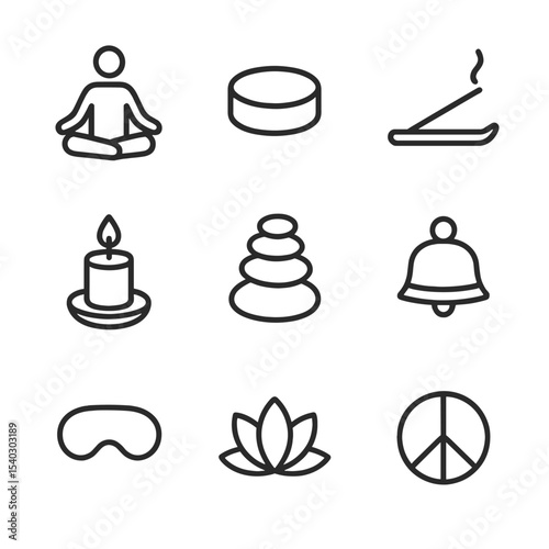 Meditative Icons Grid. Outline icon set of Sunday morning meditation: lotus pose, meditation cushion, incense stick, candle, zen