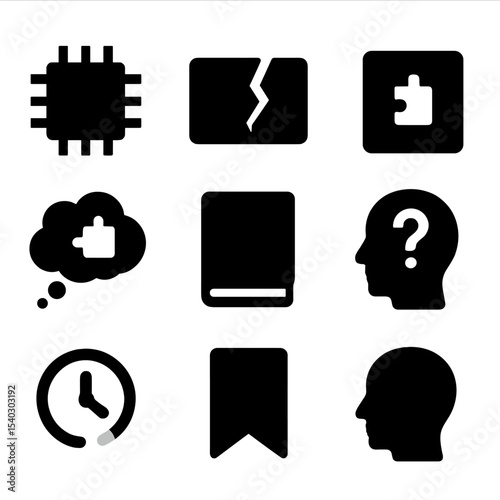 Memory Impairment Icons. Solid, Filled icon set of memory impairment: memory chip, broken card, missing puzzle piece, recall