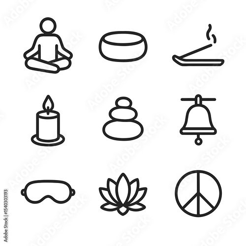 Meditative Icons Grid. Outline icon set of Sunday morning meditation: lotus pose, meditation cushion, incense stick, candle, zen