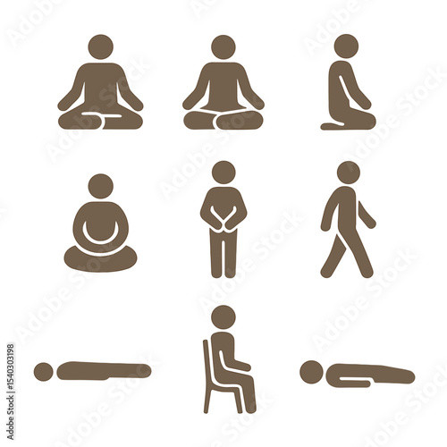 Meditation Postures Icons. Flat icon set of meditation postures: full lotus pose, half lotus pose, kneeling bench, seated cushion,