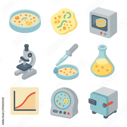Microbial Lab Icon Set. Isometric Flat icon set of microbial growth in lab: petri dish culture, bacterial colony, incubator,