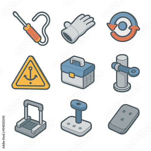 Microgravity Work Icons. Isometric Flat icon set of microgravity work environment: floating tool, tether line, EVA glove drift,