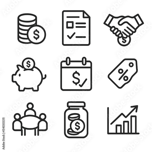Microfinance Icon Set. Outline icon set of microfinance cooperatives: coin stack, loan application form, handshake over money,