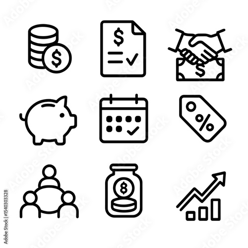 Microfinance Icon Set. Outline icon set of microfinance cooperatives: coin stack, loan application form, handshake over money,