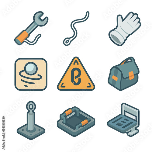 Microgravity Work Icons. Isometric Flat icon set of microgravity work environment: floating tool, tether line, EVA glove drift,