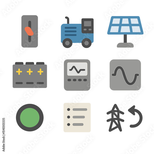 Microgrid Icon Set. Flat icon set of microgrid operation: islanding switch, diesel generator, solar array, storage bank, microgrid