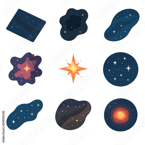 Milky Way Icons. Isometric Flat icon set of Milky Way southern features: Great Rift, dark nebula Coalsack, Carina arm, Carina
