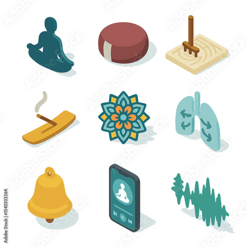 Mindfulness Icon Set. Isometric Flat icon set of mindfulness and meditation: lotus position silhouette, meditation cushion, zen