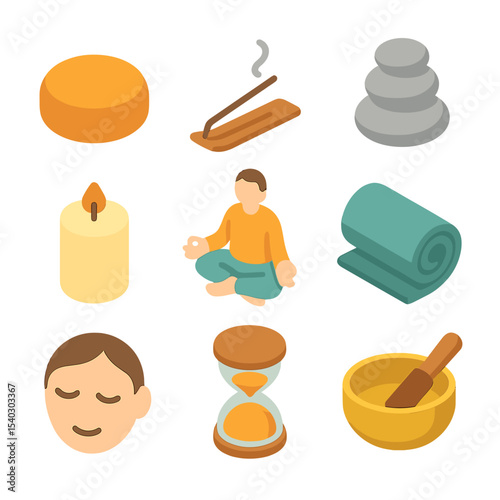 Mindfulness Icon Grid. Isometric Flat icon set of mindfulness meditation: meditation cushion, incense stick, lotus pose figure,