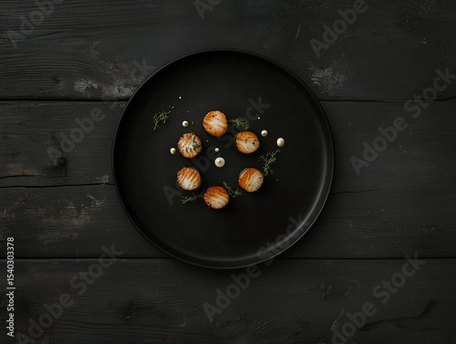 Seared scallops arranged on black plate with garnish on dark wooden table