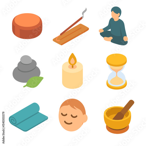 Mindfulness Icon Grid. Isometric Flat icon set of mindfulness meditation: meditation cushion, incense stick, lotus pose figure,