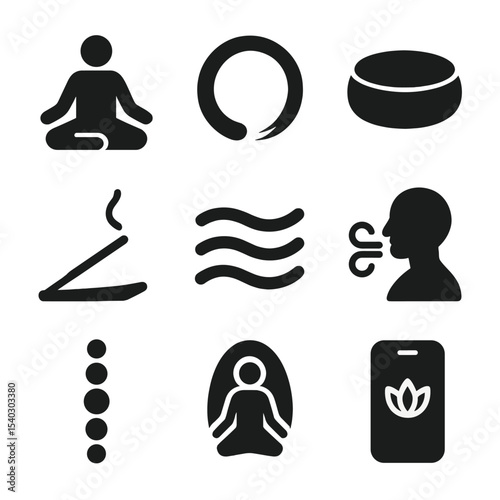 Mindfulness Icon Set. Solid, Filled icon set of mindfulness and meditation: lotus position, zen circle, meditation cushion,