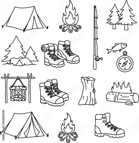 Camping Essentials Tent, Hiking Boots, Campfire, Fishing Rod, and More!