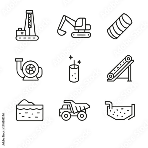 Mining Equipment Icons. Outline icon set of extraction equipment: drill rig, excavator, core sample, slurry pump, blast hole,