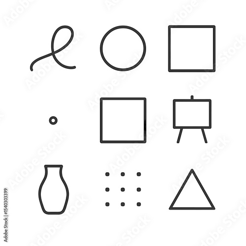 Minimalist Icon Set. Outline icon set of minimalism composition: single line, basic circle, thin stroke square, lone dot, empty