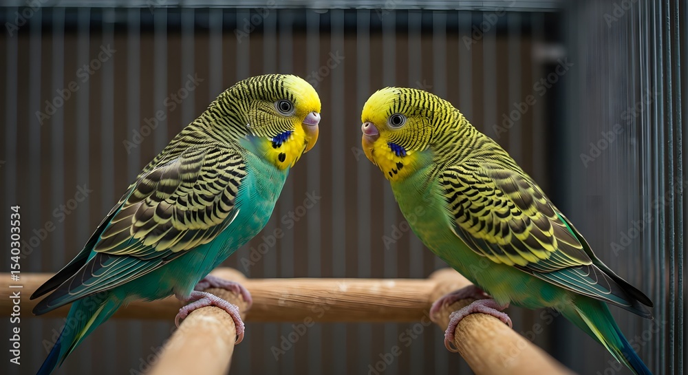 Obraz premium Budgerigar, Budgies, Parakeet, Two Budgerigars Facing Each Other in a Cage