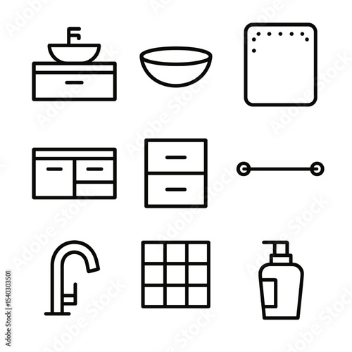 Modern Bathroom Icons. Outline icon set of modern bathroom vanity designs: floating vanity, vessel sink, countertop, cabinet