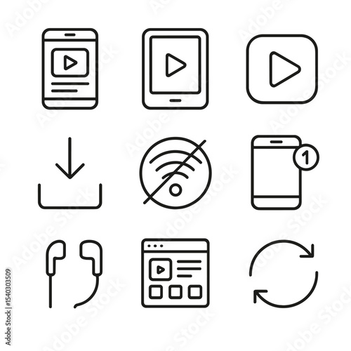 Mobile E-Learning Icons. Outline icon set of mobile e-learning: smartphone screen, tablet device, app icon, download arrow,