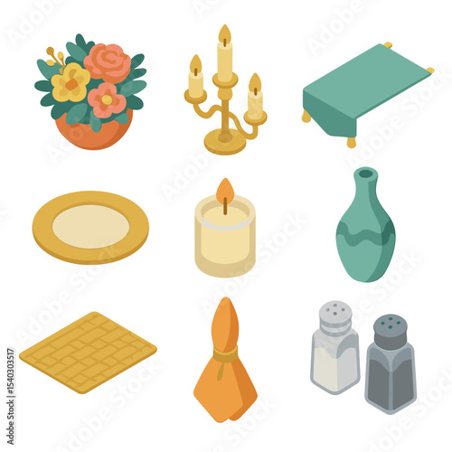 Modern Table Decor Icons. Isometric Flat icon set of centerpiece and decor: floral centerpiece, candle holder, table runner,