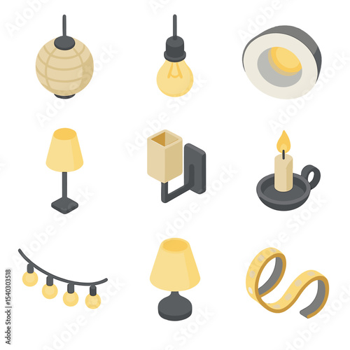 Modern Lighting Icons. Isometric Flat icon set of simple lighting solutions: paper lantern pendant, exposed bulb fixture, recessed