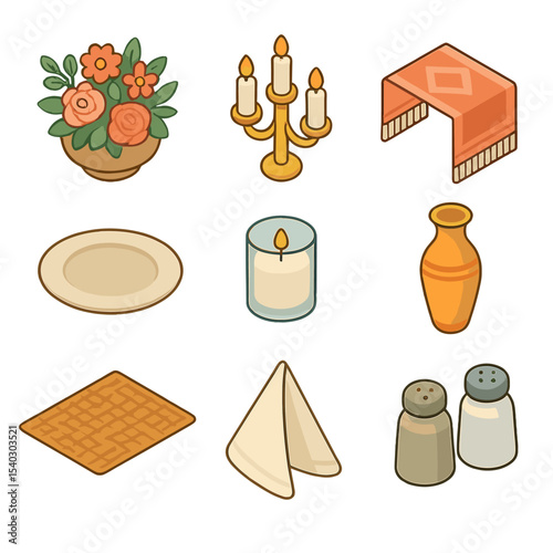 Modern Table Decor Icons. Isometric Flat icon set of centerpiece and decor: floral centerpiece, candle holder, table runner,